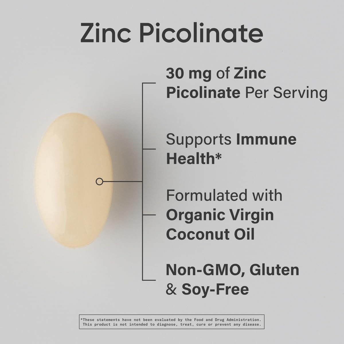 Zinc Picolinate 30 mg with Organic Coconut Oil, 180 Softgels