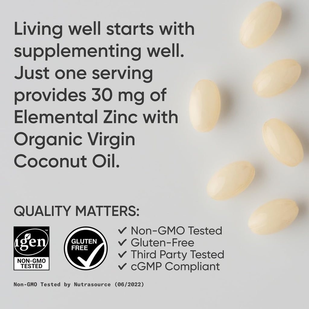 Zinc Picolinate 30 mg with Organic Coconut Oil, 180 Softgels