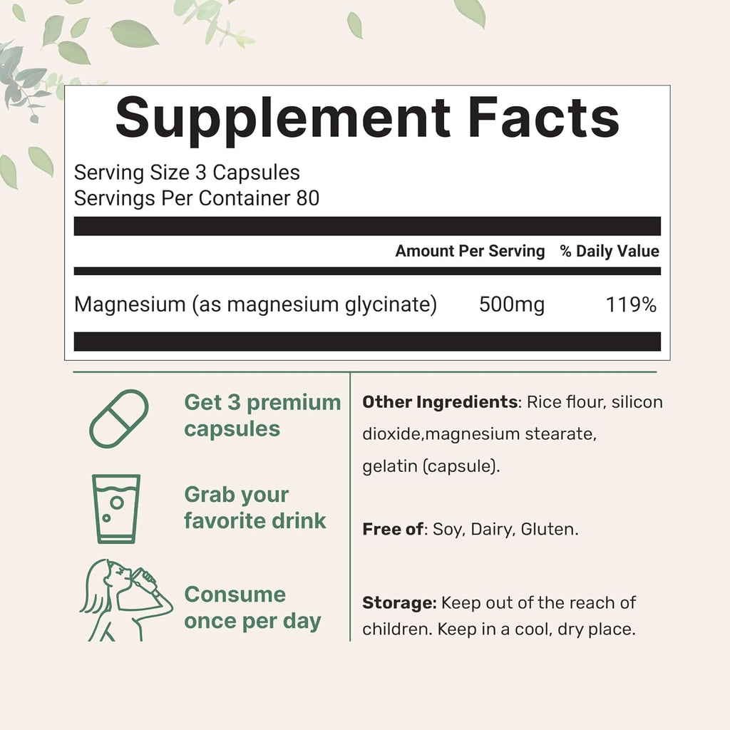 Magnesium Glycinate 500 mg per Serving, 240 Capsules | Chelated High-Absorption Supplement for Muscle, Bone, and Mood Support | Non-GMO