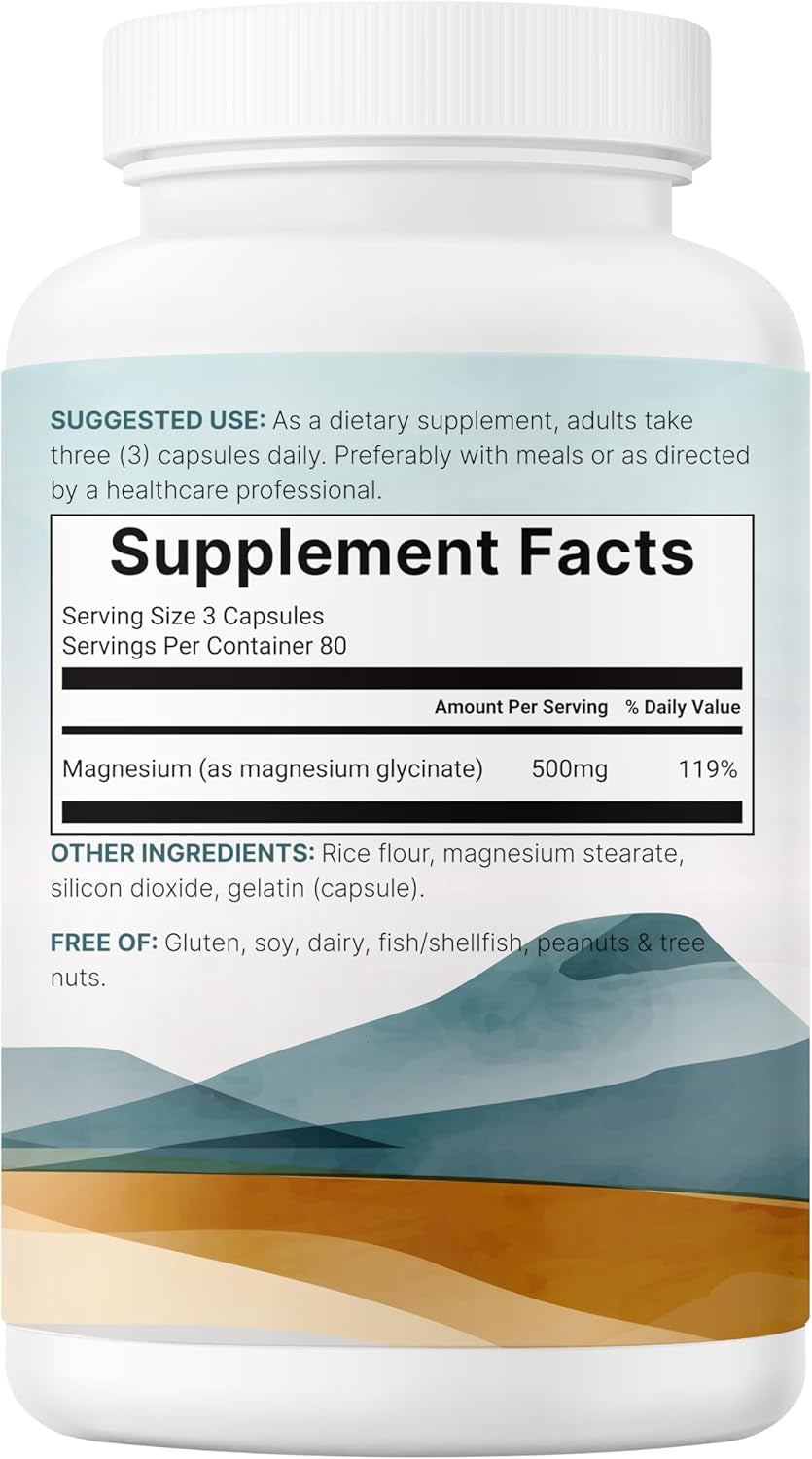 Magnesium Glycinate 500 mg per Serving, 240 Capsules | Chelated High-Absorption Supplement for Muscle, Bone, and Mood Support | Non-GMO