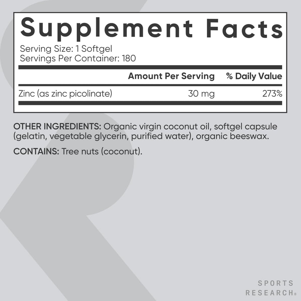 Zinc Picolinate 30 mg with Organic Coconut Oil, 180 Softgels