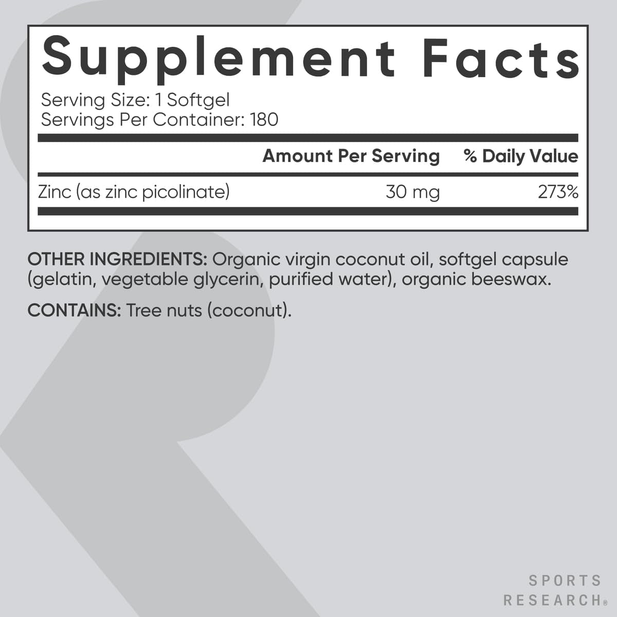 Zinc Picolinate 30 mg with Organic Coconut Oil, 180 Softgels