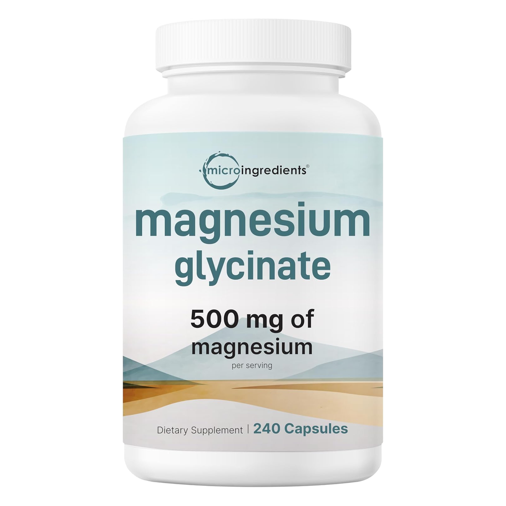 A white plastic bottle of microingredients Magnesium Glycinate 500 mg dietary supplement, containing 240 capsules, shown on a clean white background.