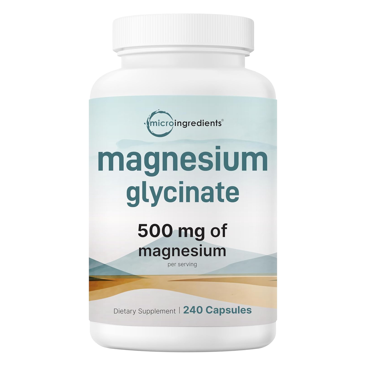 A white plastic bottle of microingredients Magnesium Glycinate 500 mg dietary supplement, containing 240 capsules, shown on a clean white background.