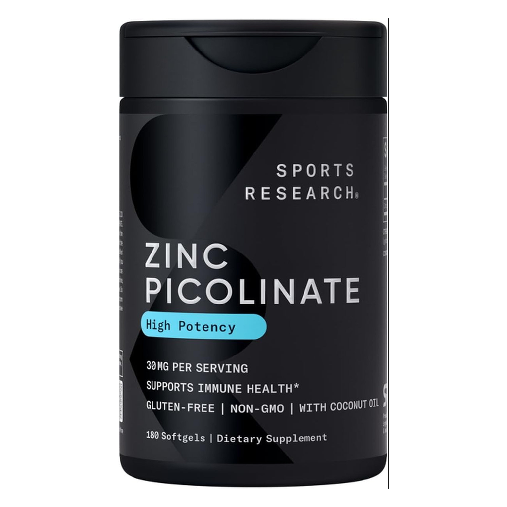 A black plastic bottle of Sports Research Zinc Picolinate dietary supplement, featuring a black label with white text and a light blue 'High Potency' badge, on a solid white background.